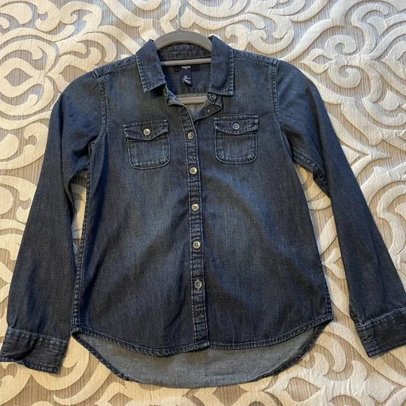 GAP Kids Girls Youth Dark Wash Denim Shirt Size Large Long Sleeves EUC - Picture 4 of 8